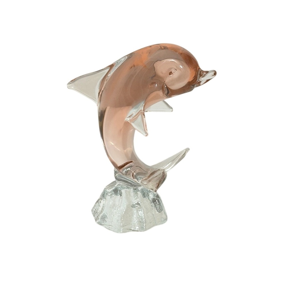 Vintage Dolphin Figurine Art Glass Peach Clear Small Leaping Sea Life Decor